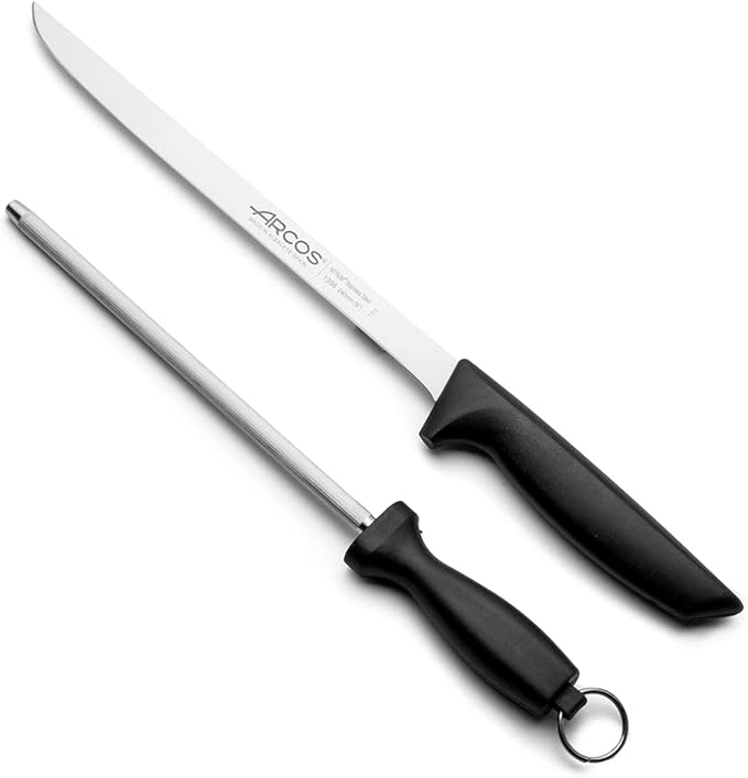 Arcos 2 Piece Carving Knife Set. Ham Slicer Knife and Chaira Sharpener in Stainless Steel with Ergonomic Polypropylene Handle. Series Niza. Color Black
