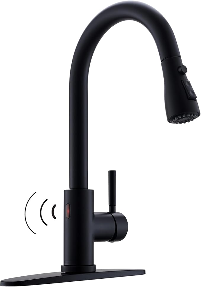 WEWE Black Kitchen Faucet, Touchless Kitchen Faucet with Pull Down Sprayer - Matte Black Single Handle Kitchen Faucets Hands-Free Activated Stainless Steel Kitchen Sink Faucet