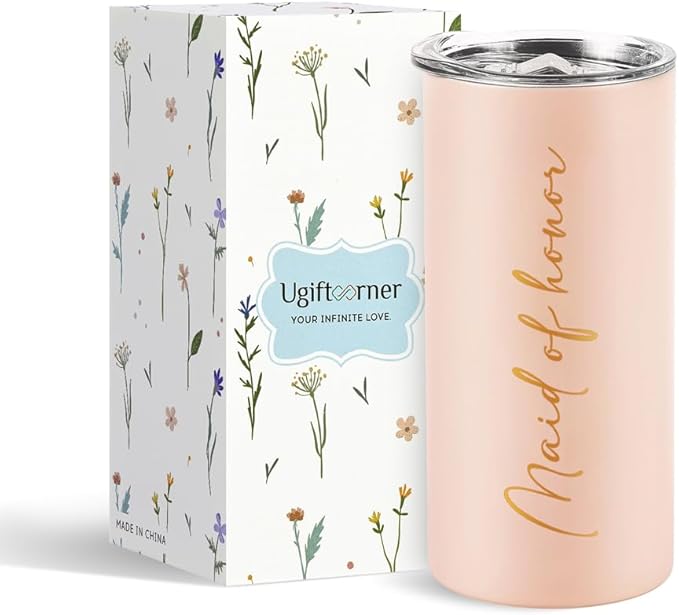 Maid of Honor Gifts Bridesmaid Proposal Gifts Maid of Honor Cups Wedding Bachelorette Party Favors Bridal Shower Stainless Steel Skinny Tumbler with Lid and Straw 15 OZ Pink