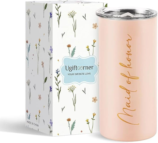 Maid of Honor Gifts Bridesmaid Proposal Gifts Maid of Honor Cups Wedding Bachelorette Party Favors Bridal Shower Stainless Steel Skinny Tumbler with Lid and Straw 15 OZ Pink