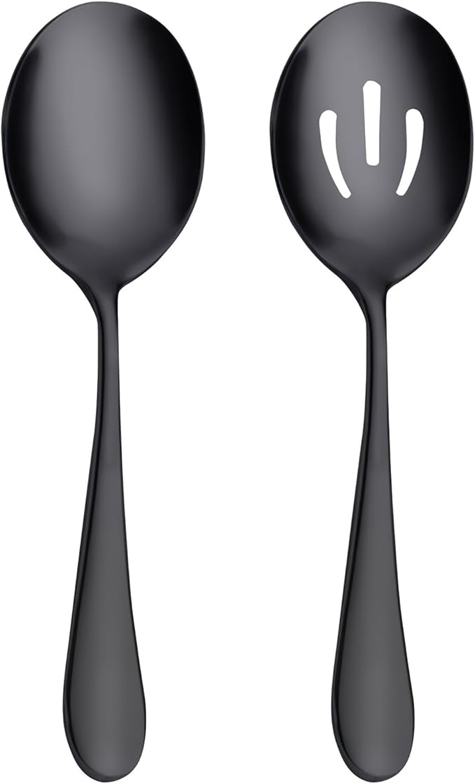 AOOSY Matte Black Serving Spoons Set,8.7-Inch Long Handle Slotted Spoons and Serving Spoons for Buffet, Banquet, Cooking, and Kitchen,2 Pieces