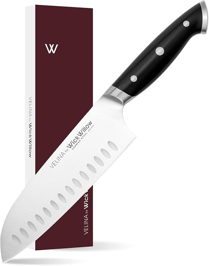 WICKWILLOW 7 Inch Santoku Knife – Razor Sharp German Steel – 7 Inch Kitchen Knife for Slicing, Dicing & Mincing – Hollow Edge & Full Tang – Gift Box – Velina Series