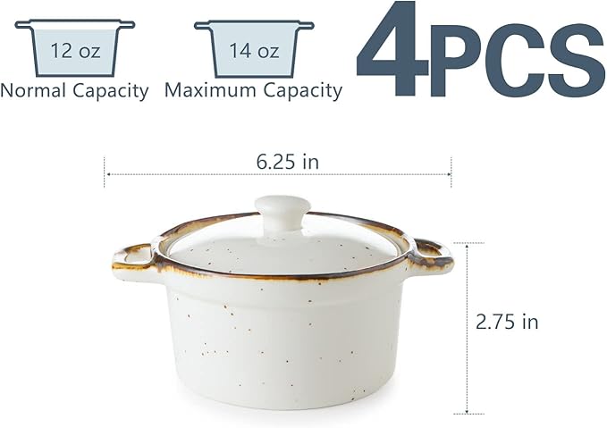 ONEMORE Ramekins with Lids, 12 oz Ceramic Small Casserole Dish with Handles & Brown Rim for Baking Soup, Speckled Oven Safe Mini Dutch Oven Rustic Cocotte Set of 4 for Individual Serving, Creamy White