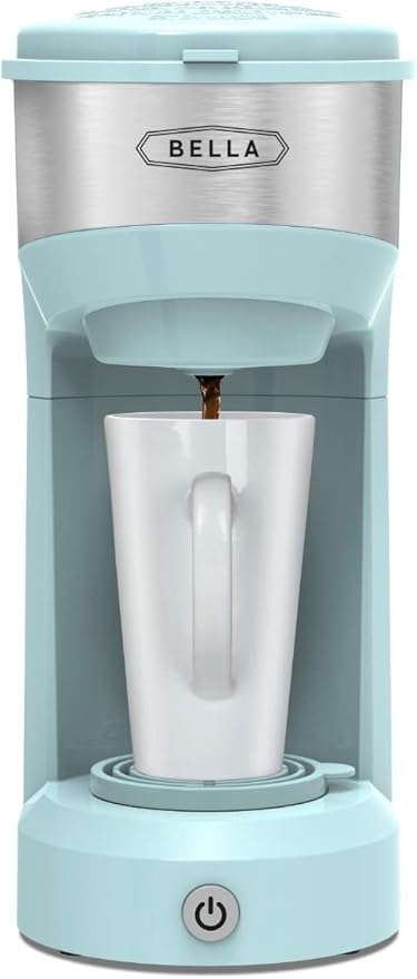 BELLA Dual Brew Single Serve Coffee Maker, Brews both Kcup and Ground Coffee, Large 14oz Capacity, Easy One Touch, Auto Shutoff, Aqua
