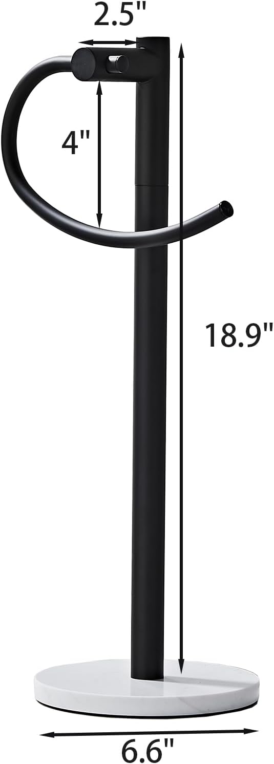 19 Inch Modern Hand Towel Holder Stand with Marble Base, Black Metal, Freestanding Bathroom Counter Towel Rack