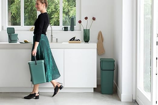 Brabantia Sort & Go Kitchen Recycling Bin | L / 10.6 Gal / 40L | Fir Green | Removable Stay-Open Lid, Carry Handle | Trash Can for Bottles, Cans, Paper, Glass | Wall Bracket Sold Separately