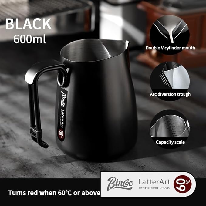 Bincoo Milk Frothing Pitcher,Espresso Milk Frothing Pitcher Stainless Steel 20oz/600ML Coffee Milk Frother Cup with Latte Art Pen