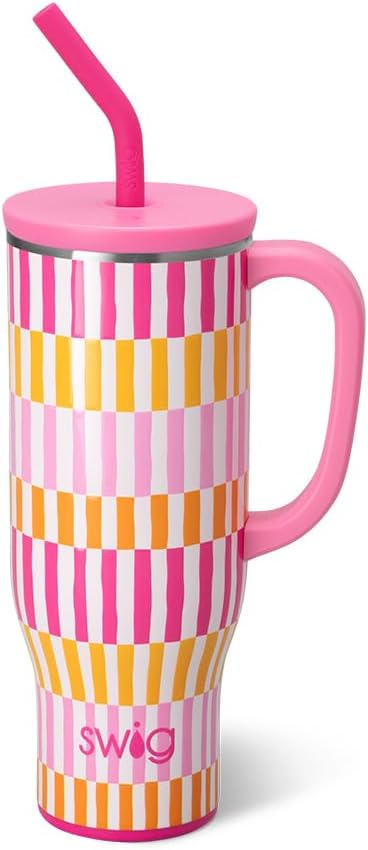 Swig Life 30oz Mega Mug, 30oz Tumbler with Handle and Straw, Large Insulated Tumblers, Cup Holder Friendly Travel Mug, Stainless Steel 30 oz Tumbler, Reusable Insulated Water Bottle (Sherbet Stripe)