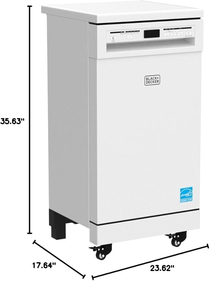BLACK+DECKER 18” Portable Dishwasher, Compact Dish Washer with 8-Place Setting Capacity, Stainless Steel Tub, 6 Wash Programs, Worktop Space, Mobile Dishwasher with Casters, Faucet Connect, White