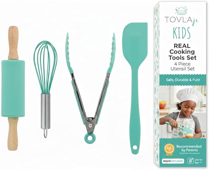 Tovla Jr. Kids Cooking Utensils Set - 4-Piece Kids Kitchen Tools - Safe Baking Set - Food Grade Toddler Chef Supplies - Gender Neutral Silicone Cookware Kit with Spatula Whisk Tongs Rolling Pin