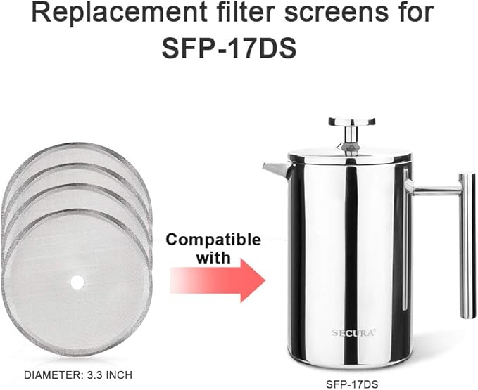 Secura French Press Replacement Screens, Stainless Steel Reusable Mesh Filter for 17 Ounce/12 Ounce, 0.5 Liter/0.35 Liter Coffee Press, 4 Pack