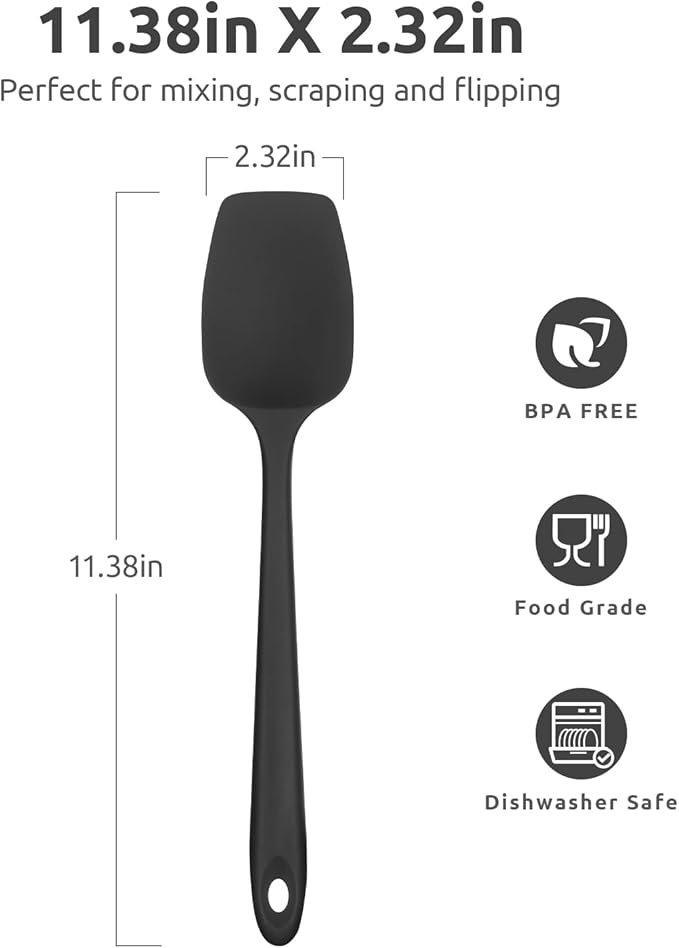 U-Taste Silicone Cooking Spoon Spatula: 480ºF Heat Resistant Food Grade 11.38" Flexible Rubber Kitchen Spoonula, Seamless Pastry Bowl Scraper for Mixing Stirring Scraping in Nonstick Cookware (Black)
