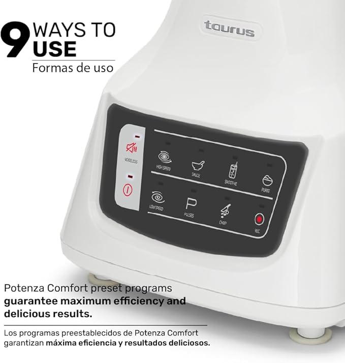 Taurus Potenza Comfort Blender, 1050W, 1.5L Glass Jar, Up to 50% Less Noise, Stainless Steel Blades, 9 Speed Settings, Quiet Powerful Blender for Smoothies, Ice, and Frozen Drinks
