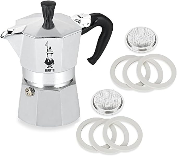 Bialetti Moka Express #06799 3-Cup Espresso Maker Machine and #06960 Bialetti, Six Replacement Gaskets and Two Bialetti Replacement Filter Plates Bundle