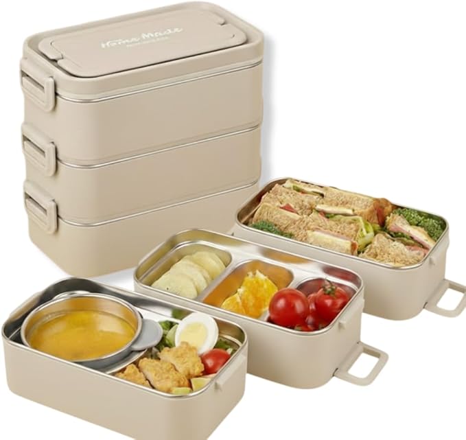 Bento Box Adult Lunch Box, Stackable 3-Layer 304 Stainless Steel for Adults, Office, 3L Capacity, Portable, Soup Bowl, Spoon & Fork, Metal Lunch Box, Tiffin