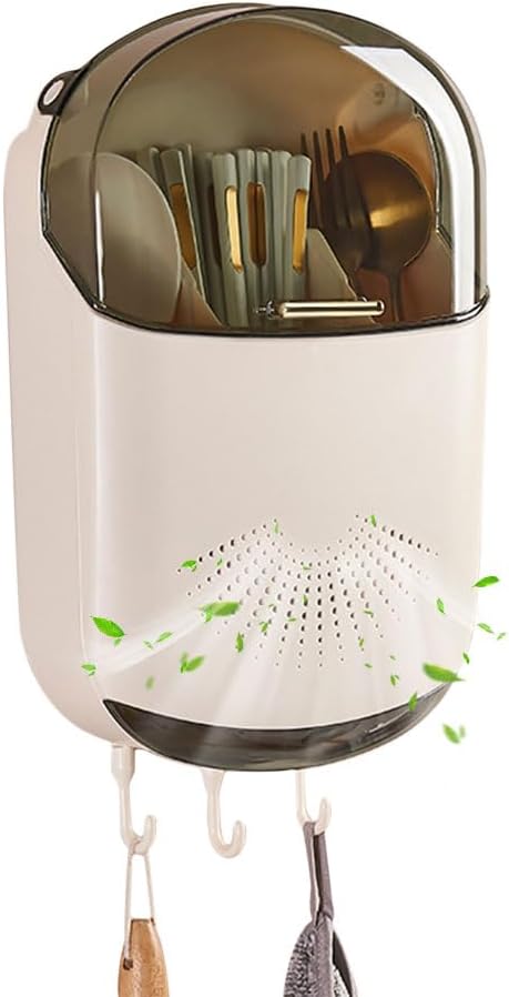 Wall Mounted Cutlery Holder - Kitchen Utensil Storage Box with Lid - Chopstick Container - Dustproof Spoon and Chopstick Organizer - Drain Racks