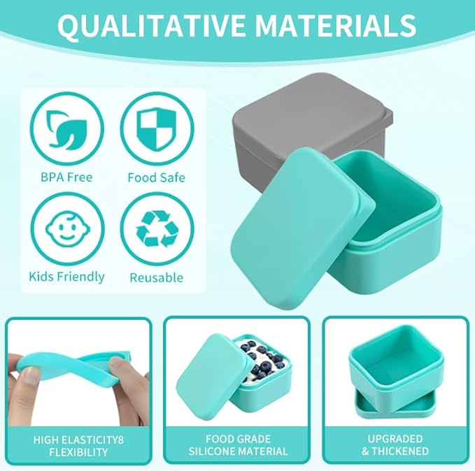 Silicone Inserts Compatible with Bentgo Box Accessories,Salad Containers Compatible with Bentgo Kids Lunch Box Inserts,Leak-Proof and Reusable Condiment Cups with Lids,Grey&Green,2Packs