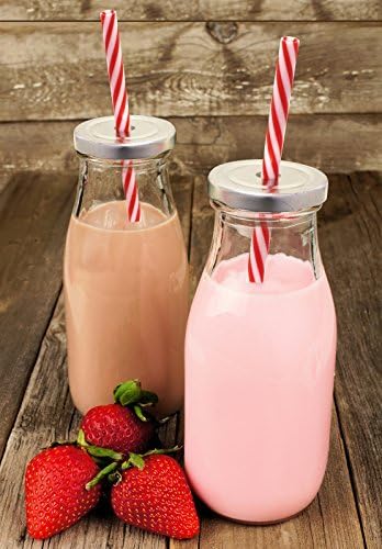 Estilo Glass Milk Bottle with Lid - Milk Glass - Reusable Glass Bottle for Dairy Milk With Straws & Metal Screw On Lids, 10.5 Ounce, Clear, Set of 7