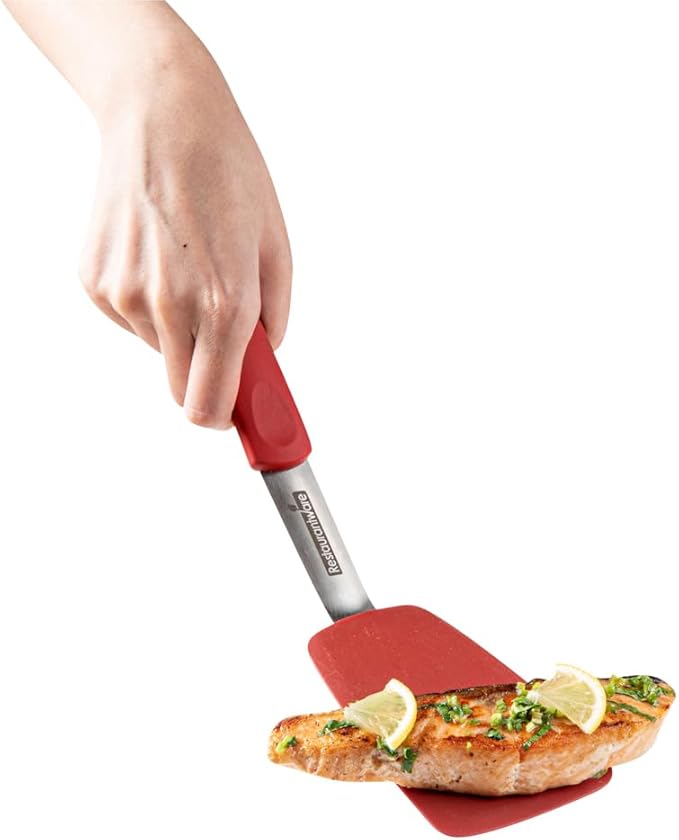 Restaurantware Comfy Grip 11.9 x 3 Inch Silicone Turner 1 Durable Cooking Turner - Stainless Steel Body Rubber Handle With Hole Red Silicone Flipper Spatula Tolerates Up To 446F Dishwashable