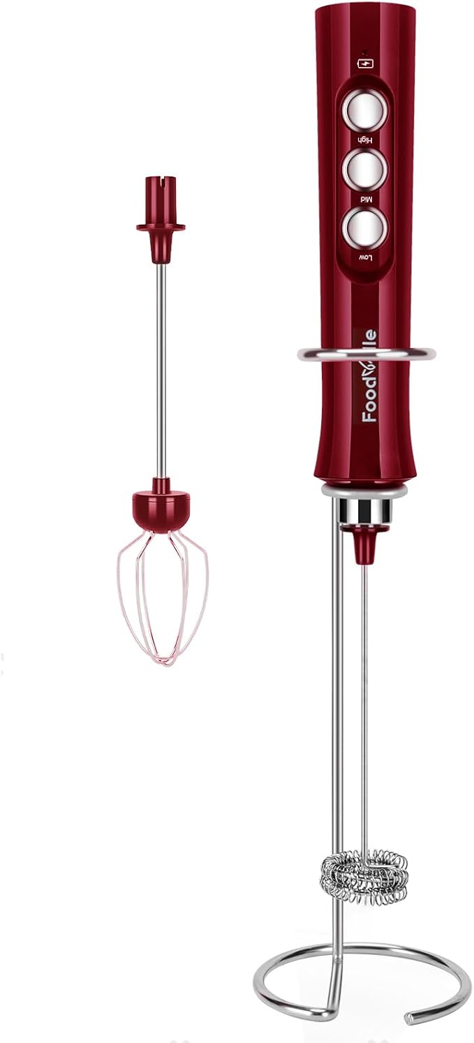 FoodVille MF02 Rechargeable Milk Frother Handheld Foam Maker with Stainless Whisk for Cappuccino, Latte, Bulletproof Coffee, Keto Diet, Protein Powder, Matcha (Viva Red)