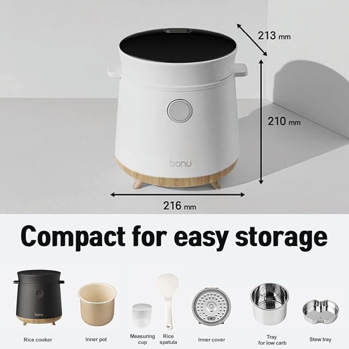 BANU Small Mini Rice Cooker Low Carb, Reduce Sugar, Keto Friendly 3 Cups Standard Capacity, 1 Cup Low-Carb Mode, Keep Warm 24 Hours Preset For White, Brown Rice, Soup, Cake (WHITE)