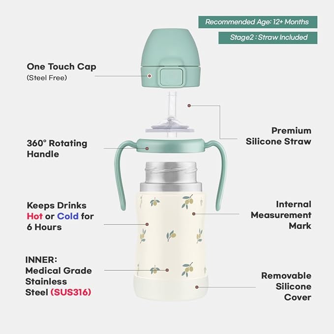 GROSMIMI Insulated 316 Stainless Steel Spill Proof Straw Cup, Water bottle with Flip Top for Toddlers, BPA Free (bear, 6oz)