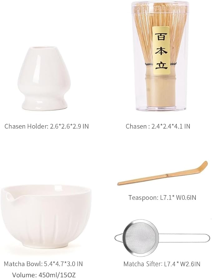 TANG PIN Matcha Set - Match Bowl and Whisk, 15 OZ, Matcha Scoop | Matcha Whisk Stand (Chasen Holder) - 4pc Perfect Matcha Kit for Matcha Tea Ceremony (White)