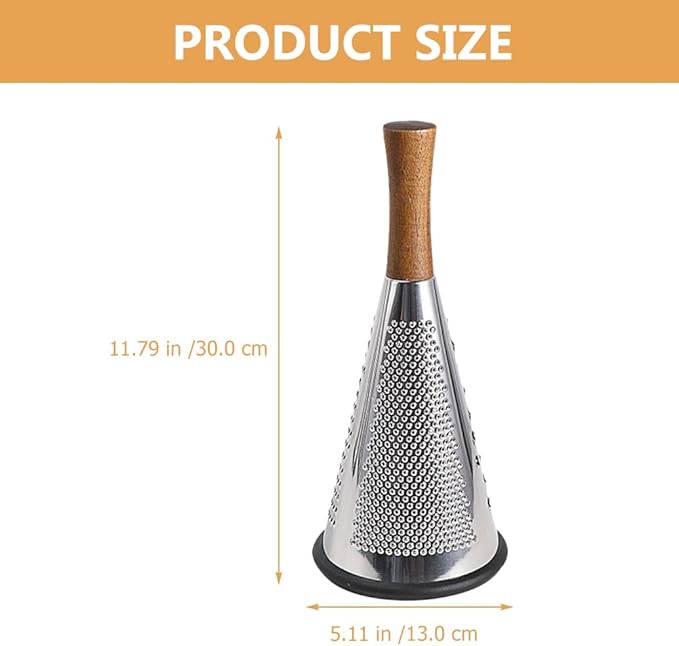 Ciieeo Stainless Steel Vegetable Grater with Wooden Handle - 3-Sided Cone Cheese and Fruit Shredder for Kitchen Use