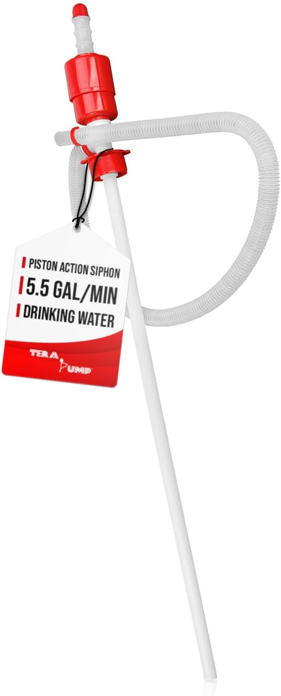 TERA PUMP Manual Hand-Operated Siphon Quick Liquid Transfer Drum Barrel Pump For Emergency Drinking Water (Food Grade BPA Free) Fits 55 Gallon Drums