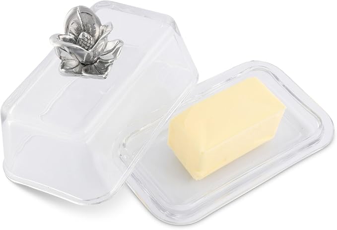 Arthur Court Glass Butter Dish with Lid Magnolia Flower Knob | Classic 2-Piece Design Covered Butter Keeper | Covers and Holds a Standard Stick of Butter | Spring Southern Décor