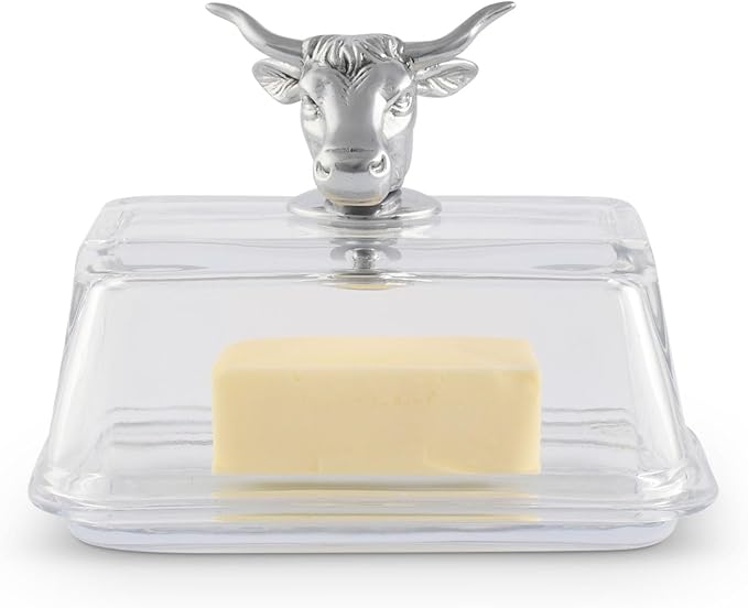 Arthur Court Glass Butter Dish with Lid Cow Head Knob | Classic 2-Piece Design Covered Butter Keeper | Covers and Holds a Standard Stick of Butter | Farmhouse Chic Décor