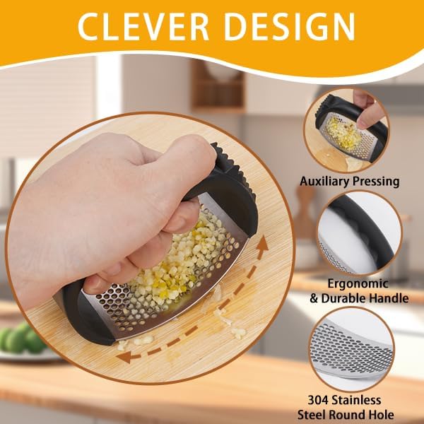 Garlic Press Equipped with Soft Ergonomic Handle, Easy to Crush Garlic, Easy to Clean, and Rust-resistant, Upgrade Black