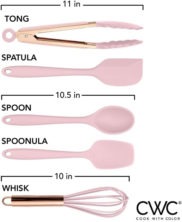 COOK WITH COLOR Silicone Cooking Utensils, Kitchen Utensil Set, Easy to Clean Silicone Kitchen Utensils, Cooking Utensils for Nonstick Cookware, Kitchen Gadgets Set, Standard, Pink
