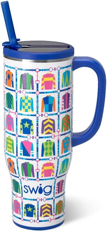 Swig Life 30oz Mega Mug, 30oz Tumbler with Handle and Straw, Large Insulated Tumblers, Cup Holder Friendly Travel Mug, Stainless Steel 30 oz Tumbler, Reusable Insulated Water Bottle (Jockey Club)