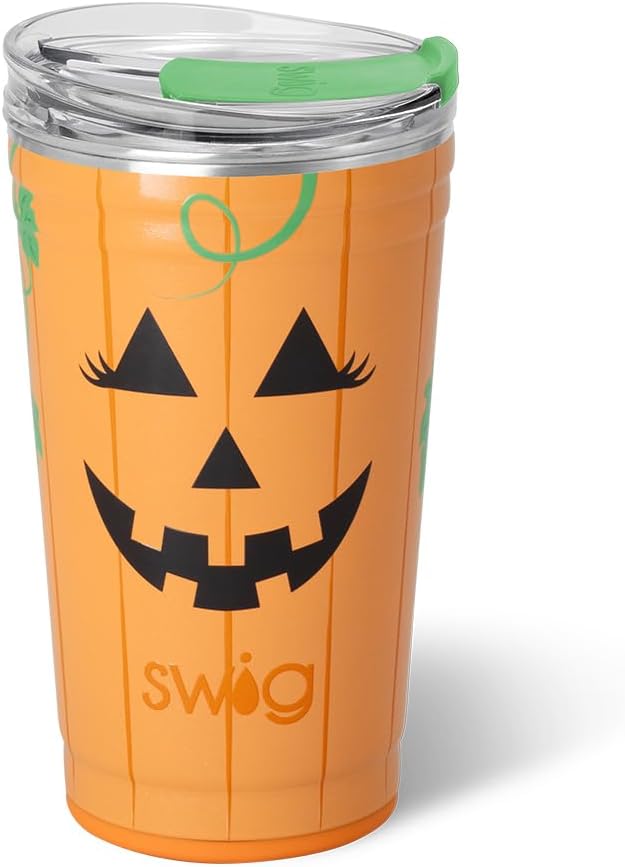 Swig Life 24oz Party Cup, Halloween Insulated Travel Coffee Tumbler with EZ Slider Lid, Cup Holder Friendly, Stainless Steel 24 oz Tumbler, Reusable Mug (Boo Crew Pumpkin)