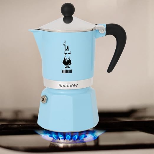 Bialetti - Rainbow: Stovetop Espresso Maker, Moka Pot 3 Cups (4.3 Oz - 130 Ml), Aluminium, Light blue