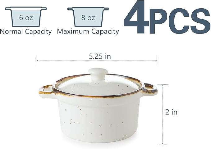 ONEMORE Ramekins with Lids, 6 oz Oven Safe Ceramic Mini Casserole Dish with Lid & Brown Rim for French Onion Soup, Speckled Mini Dutch Oven Cocotte Set of 4 for Individual Serving, Creamy White