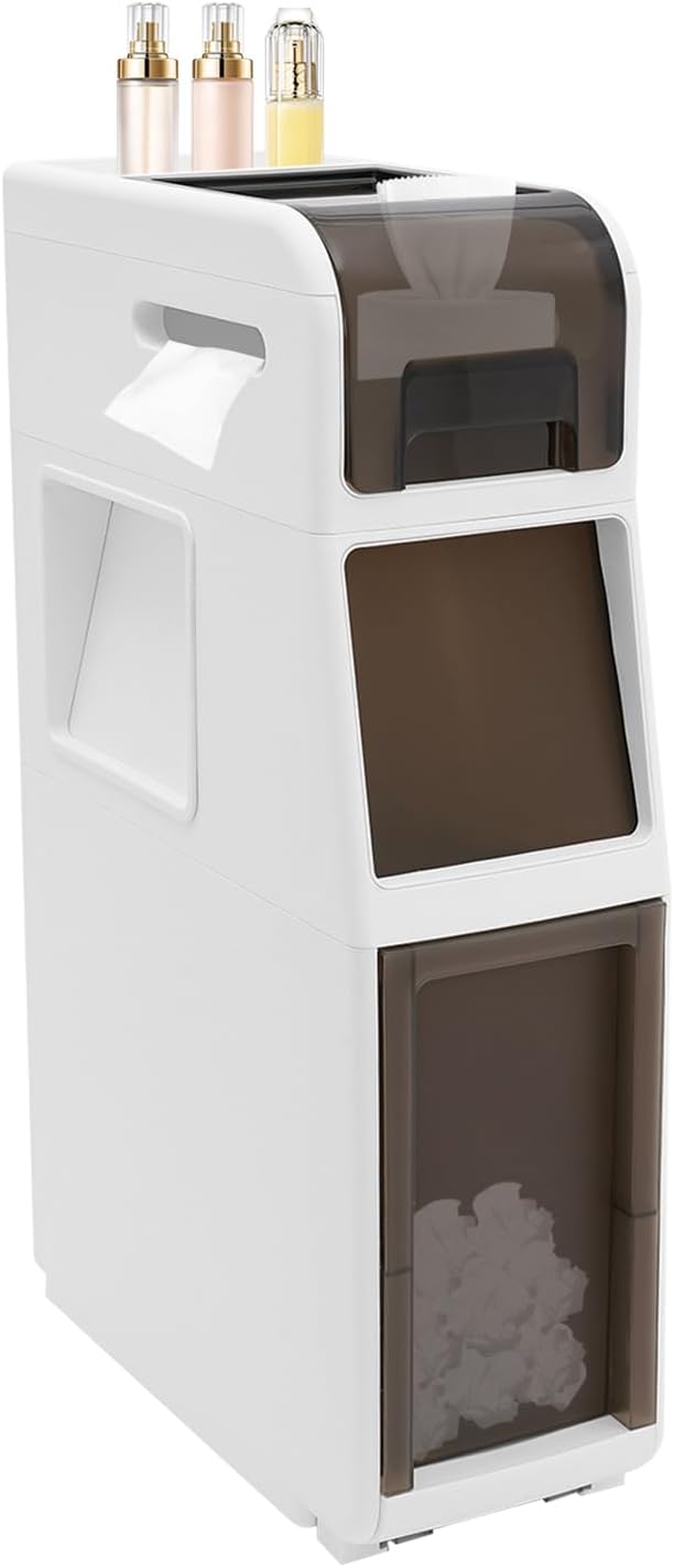 Slim Waterproof Narrow Bathroom Cabinet with Trash Bin Compact Design with Drawers and Toilet Paper Holder Movable Bathroom Organizers for Small Spaces (3Tier/25.2in H)