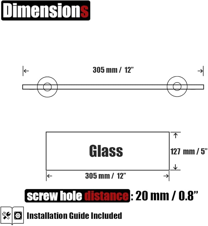 JQK Bathroom Glass Shelf Black, Tempered Glass Shower Storage 12 by 5 inches, 304 Stainless Steel Matte Black Wall Mount 2 Pack, TGS101L12-PB-P2