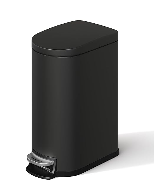 GarveeHome 2.6 Gallon Bathroom Trash Can, Space-Saving Slim Stainless Steel Step-On Garbage Bin with Soft Close Lid, Removable Inner Bucket for Bathroom & Bedroom, Black