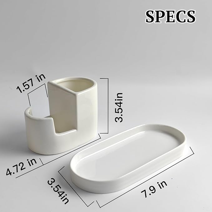3 in 1 Ceramic Sponge&Brush Holder and Soap Tray Set, Leak-Proof Design to Keep Countertops Dry, Flexible Modular Placement, Modern Minimal Sink Organizer for Kitchen & Bathroom Countertop, White