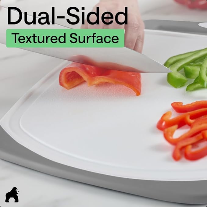 GORILLA GRIP BPA-Free Reversible Kitchen Cutting Board Set of 3, US Designed, Nonporous, Juice Grooves Catch Liquid, Slip Resistant Border, Dishwasher Safe, Durable Large Food Chopping Boards, Gray