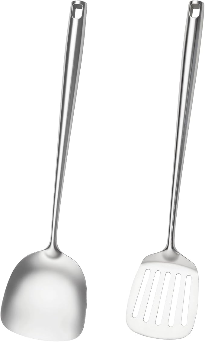 18/10 Stainless Steel Cooking Utensils,2 Pcs All Metal Stainless Steel Kitchen Utensils Set with Wok Spatula,Slotted Spatula Turner(Dishwasher Safe)