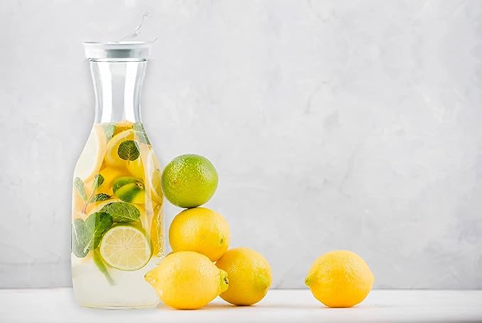 DecorRack 2 Large Water Carafes, Bottles with Flip Top Lid, 50 Oz Each, BPA-Free Plastic Juice Pitcher, Decanter, Jug, Serve Fridge Cold Iced Tea, for Outdoors, Picnic, Parties, NOT DISHWASHER SAFE