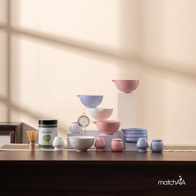Matcha Whisk Set - Ceramic Bowl, Bamboo Whisk with Holder, Storage Canister, Sifter, Schima Spoon with Rest, Tea Towel - 8 Pcs Complete Kit for Traditional Matcha and Modern Lattes (Purple)