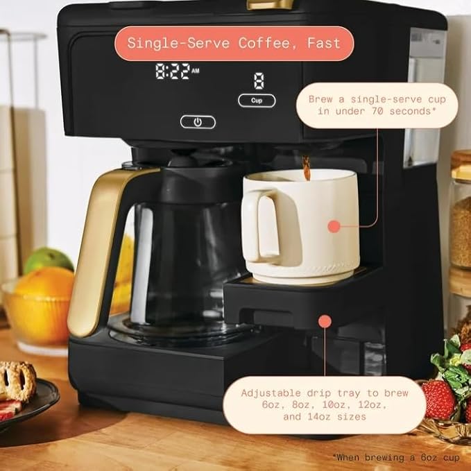 Beauti Multi Brew 12 Cup Programmable Drip & Single Serve Coffee Maker, Versatile Brewing (6oz, 8oz, 10oz, 12oz, 14oz), Pods or Ground, Over Ice option, Keep Warm mode (Black)