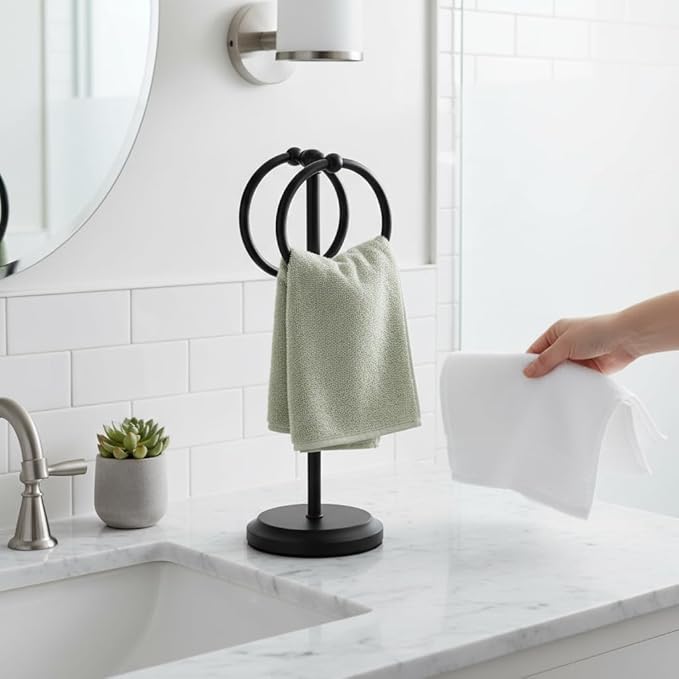 J&V TEXTILES Steel Towel Rack Holder Stand with 2 Hanging Rings for Bathroom Vanity Countertops - Space Saving Hand Towel Holder (Matte Black)