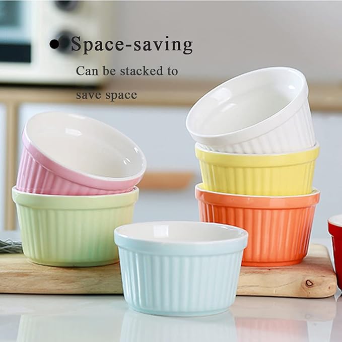 Ramekins 6oz Oven Safe,Creme Brulee Ramekin and Souffle Dishes,Porcelain Baking Bowls,Dipping Sauce Dish.Pudding Cups,Set of 6,Orange