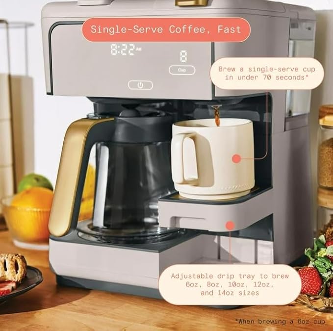 Beauti Multi Brew 12 Cup Programmable Drip & Single Serve Coffee Maker, Versatile Brewing (6oz, 8oz, 10oz, 12oz, 14oz), Pods or Ground, Over Ice option, Keep Warm mode (Porcini)