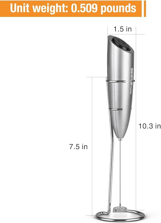 SIMPLETASTE Milk Frother Handheld Electric Foam Maker, Drink Mixer with Stainless Steel Whisk for Cappuccino, Bulletproof Coffee, Latte, Gray, with Stand, Battery Operated